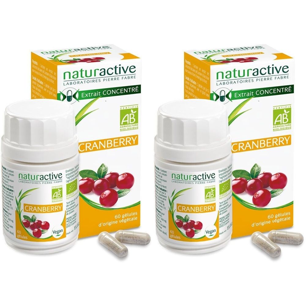 Zwei Packungen und Flaschen von Naturactive Cranberry BIO. Aufschrift Cranberry, AB-Siegel, 60 Kapseln.