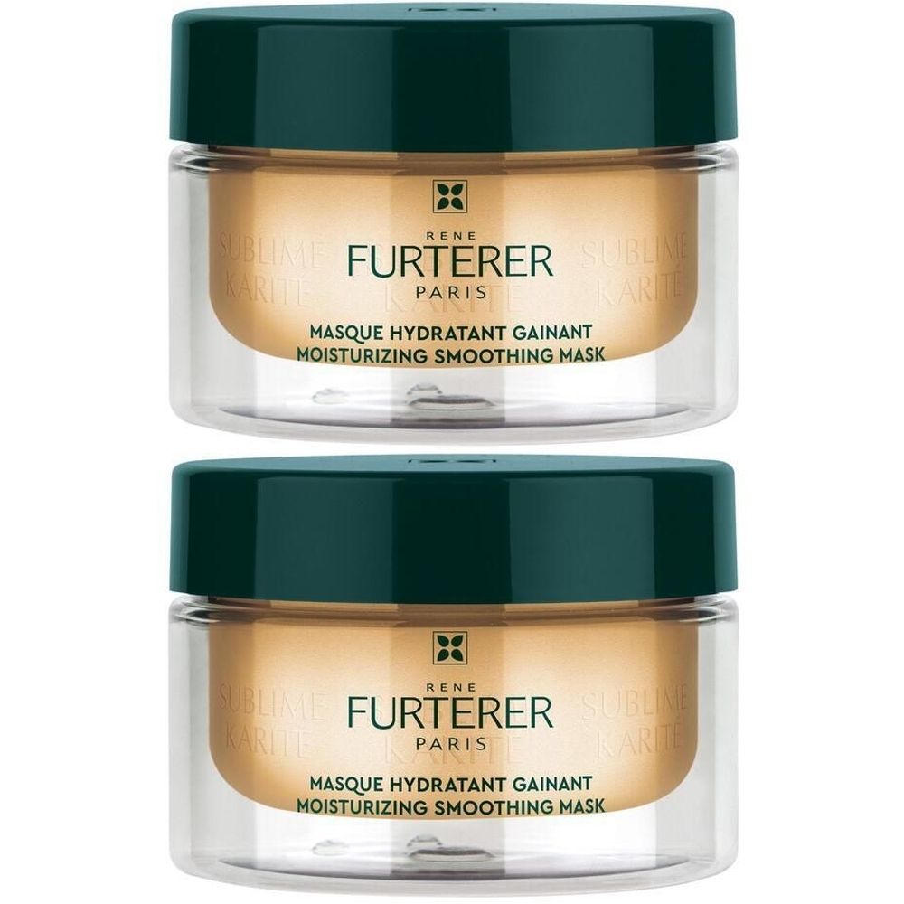 Zwei Tiegel mit grünem Deckel. Aufschrift: FURTERER PARIS, MASQUE HYDRATANT GAINANT, MOISTURIZING SMOOTHING MASK.