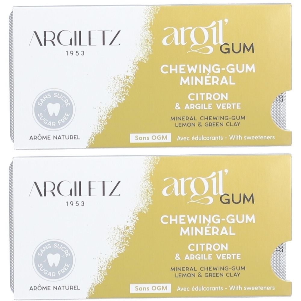 Zwei Packungen Argiletz Kaugummi. Aufschrift: Chewing-Gum Mineral, Citron & Argile Verte, Sans Sucre, Aromé Naturel.