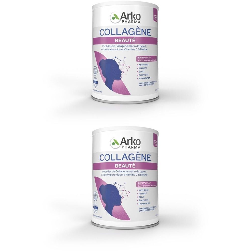 Zwei Dosen mit der Aufschrift "COLLAGÈNE BEAUTÉ". Aufschrift "Arko Pharma". Rosa und blaue Grafik einer Frau.
