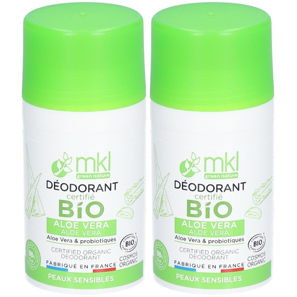 Zwei Deodorant-Flakons mit grünen Deckeln. Aufschrift: mkl, DÉODORANT, zertifiziert BIO, ALOE VERA, Aloe Vera & probiotiques, Peaux sensibles.