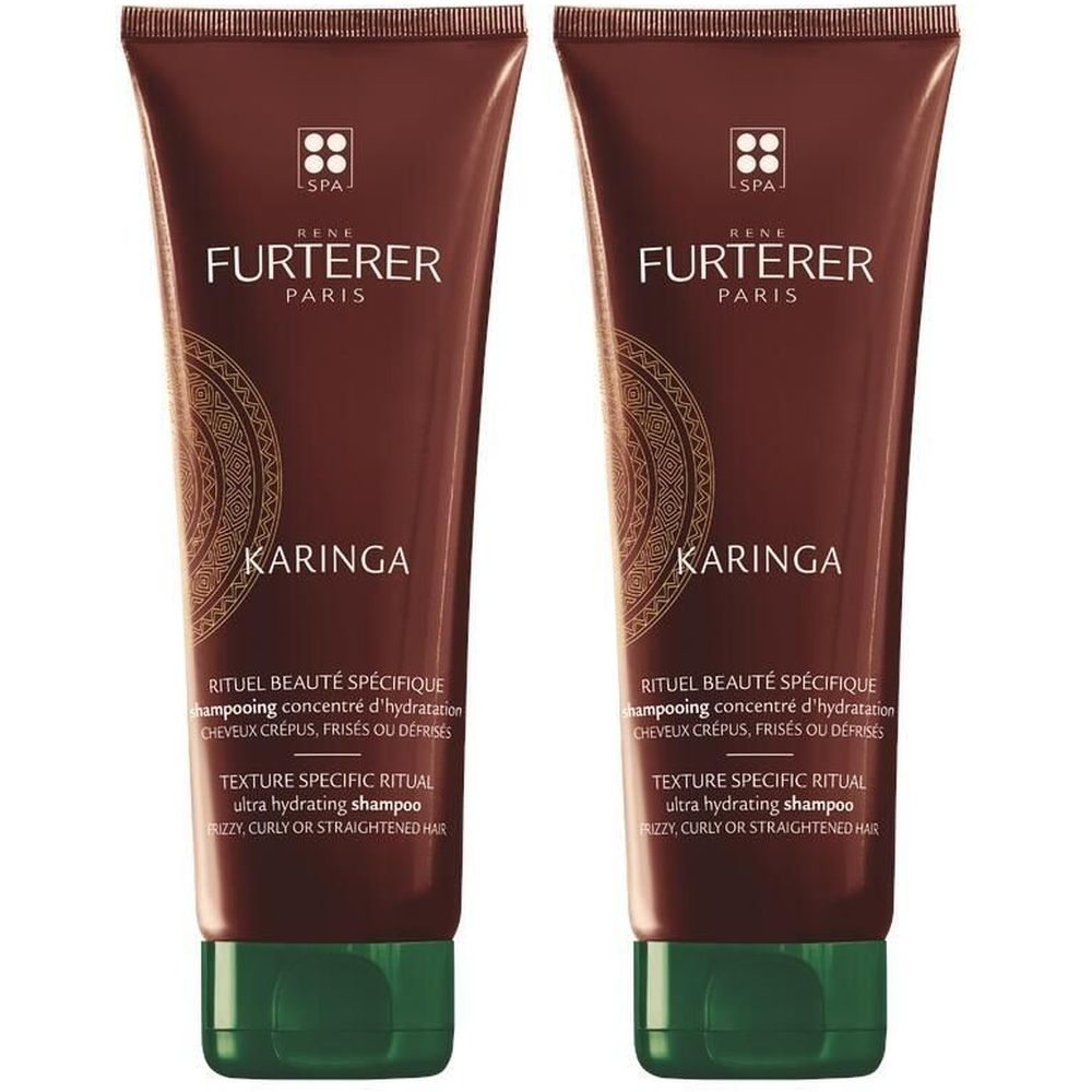 Zwei braune Tuben Shampoo. Aufschrift: René Furterer Paris, KARINGA, Textur-Ritual für trockenes Haar.