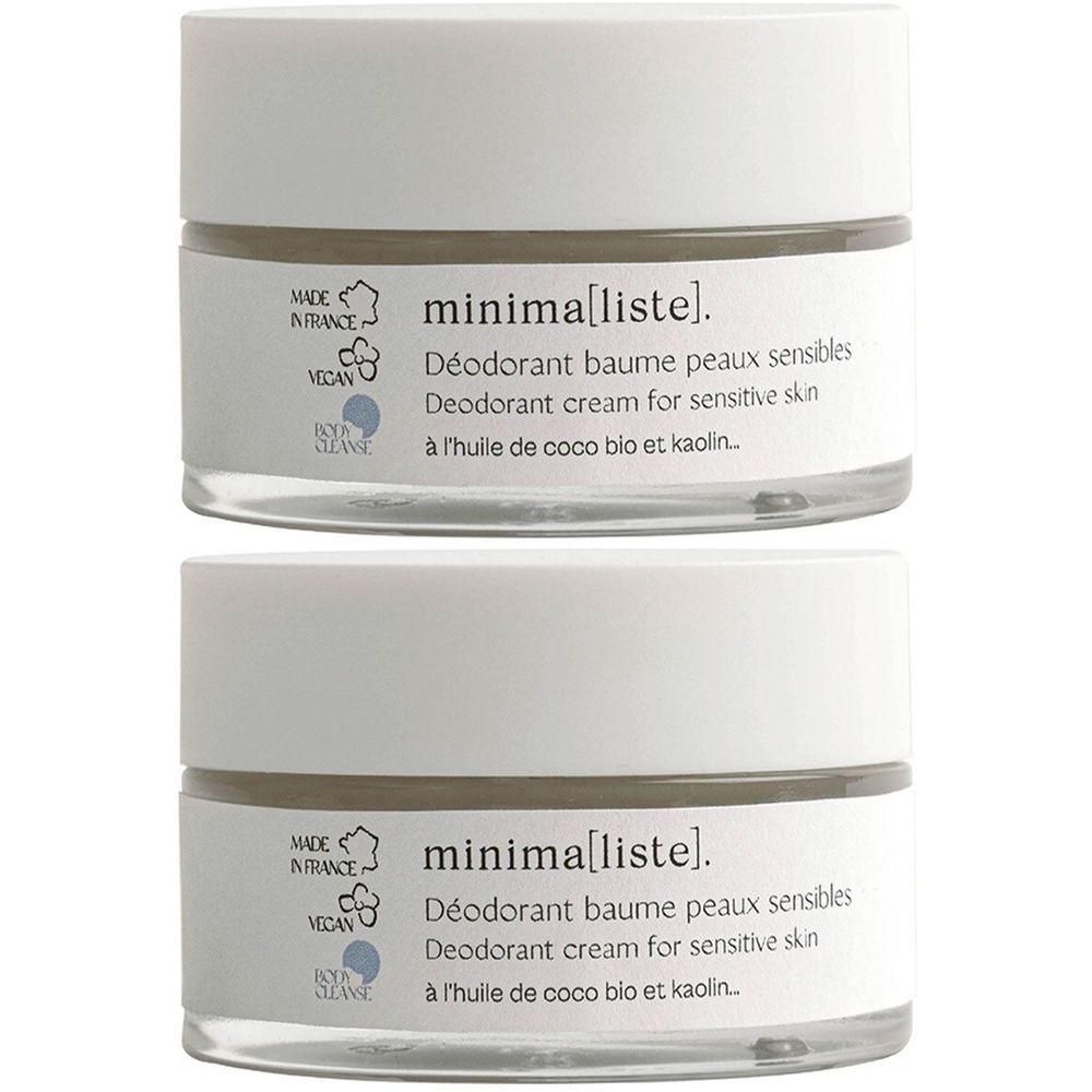 Deux pots de baume déodorant pour peaux sensibles. Couvercles blancs, pots transparents. Texte : minima[liste], logo Vegan, Made in France.
