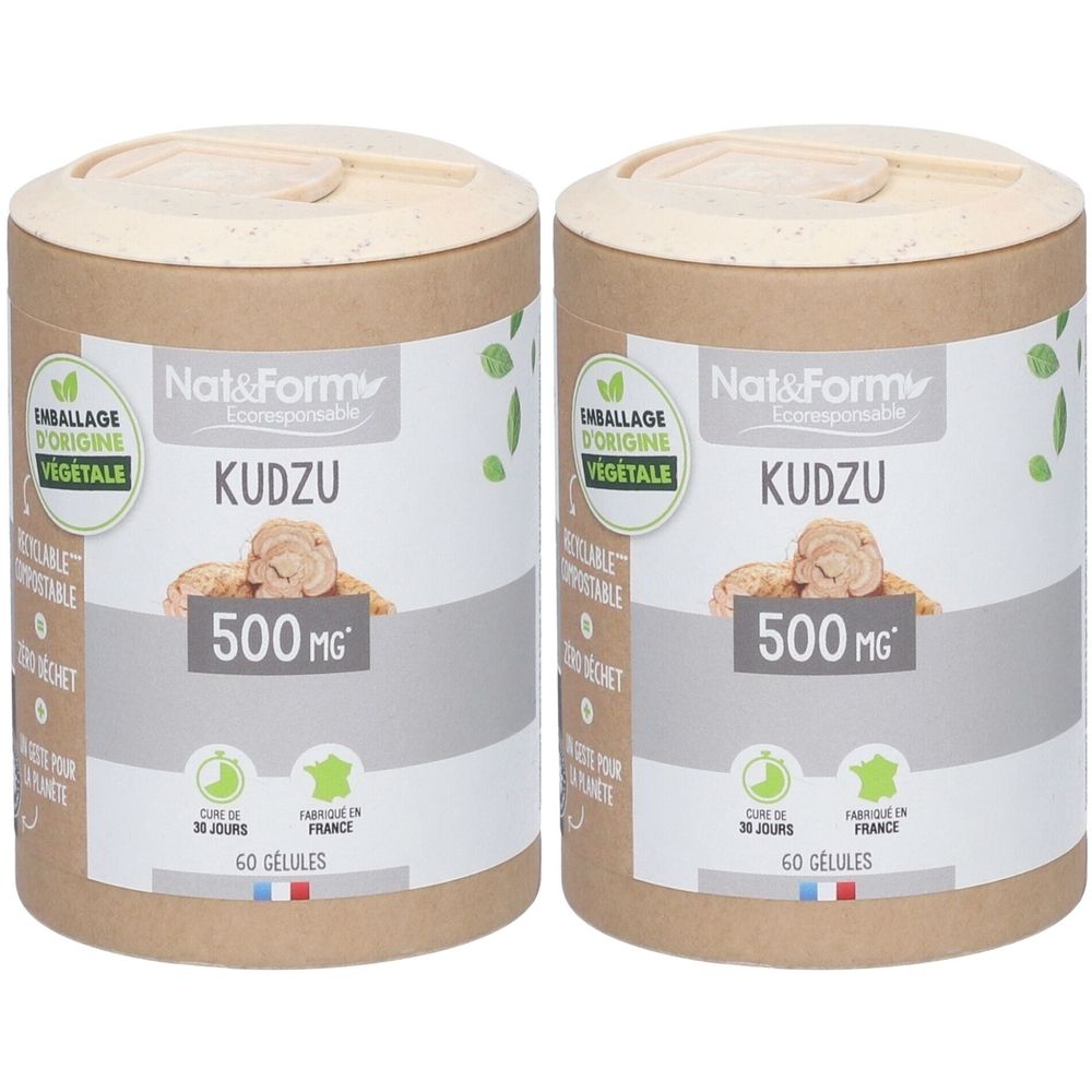 Zwei zylindrische Behälter mit der Aufschrift "KUDZU 500 MG". Aufschrift "Fabriqué en France". Verpackung aus pflanzlichem Material.