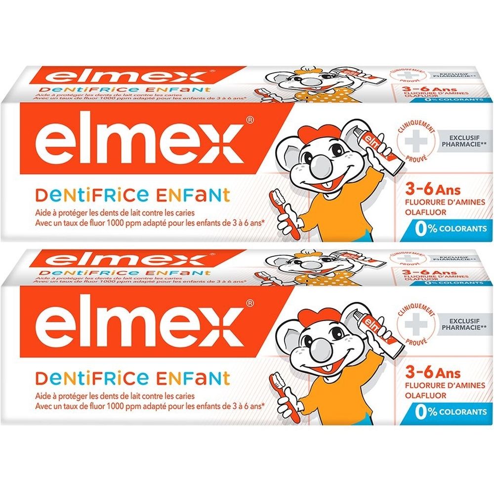 Deux tubes de dentifrice pour enfants. Inscription: elmex, Dentifrice Enfant. Avec personnage de dessin animé et texte: 3-6 Ans, Fluorure d'amines Olafluor, 0% Colorants.