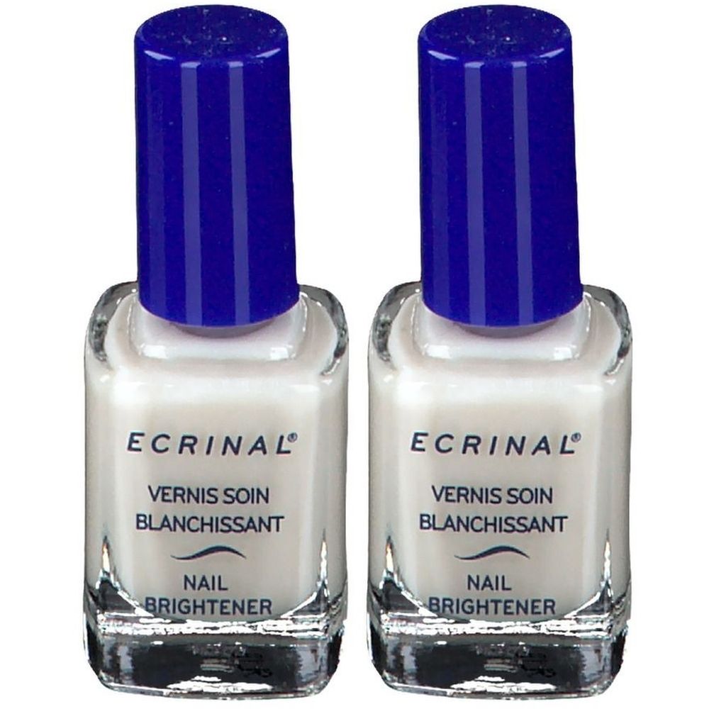 Deux flacons de vernis à ongles blanc. Bouchons bleus. Inscription : Ecrinal, Vernis Soin Blanchissant, Nail Brightener.
