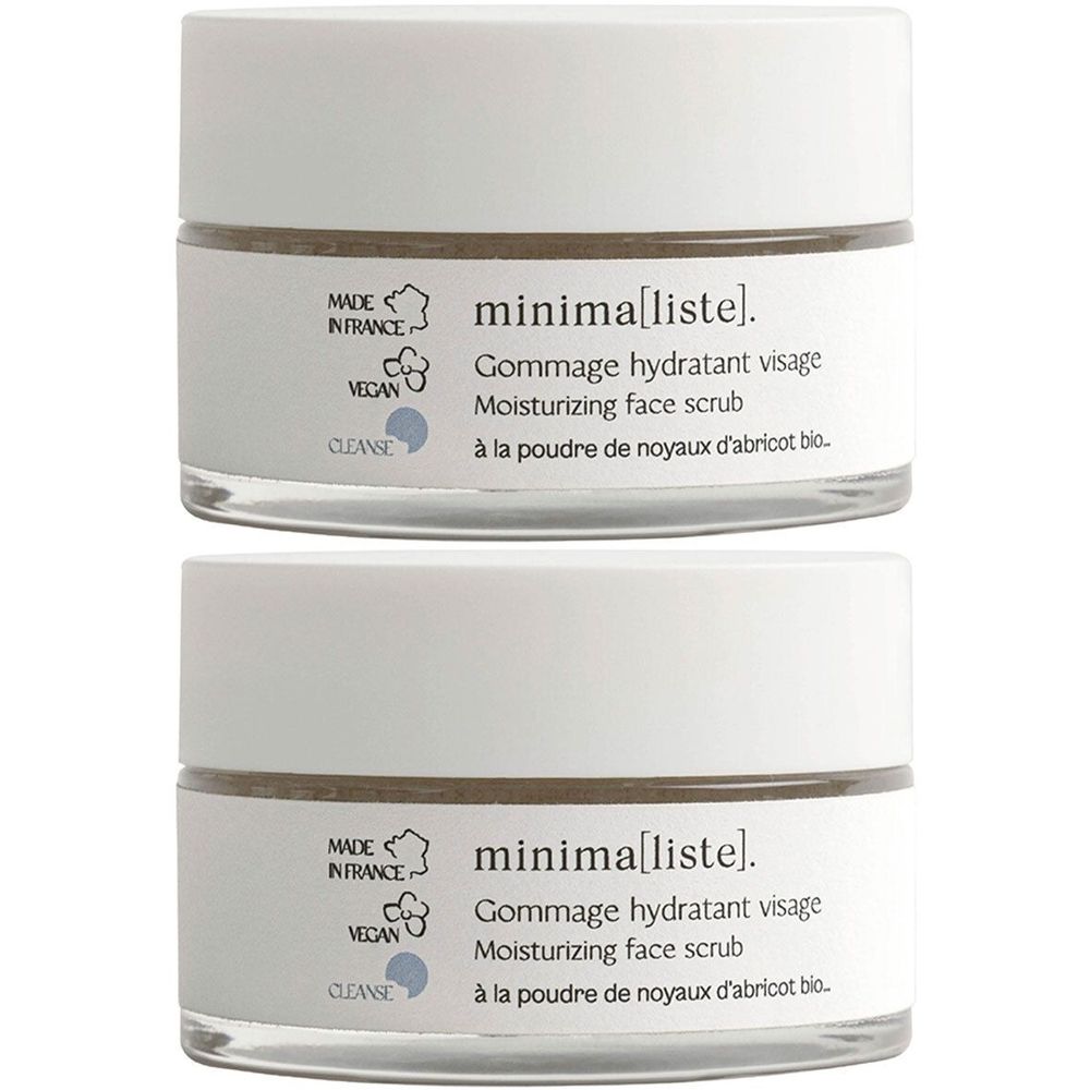Deux pots avec couvercles blancs et verre transparent. Inscription: minima[liste]. Gommage hydratant visage, vegan, Made in France.