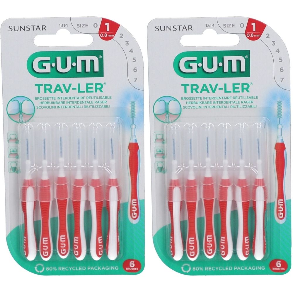 Zwei Packungen GUM Trav-Ler Interdentalbürsten. Rote Griffe, 0,8 mm. 6 Stück pro Packung. Verpackung mit Recycling-Logo.