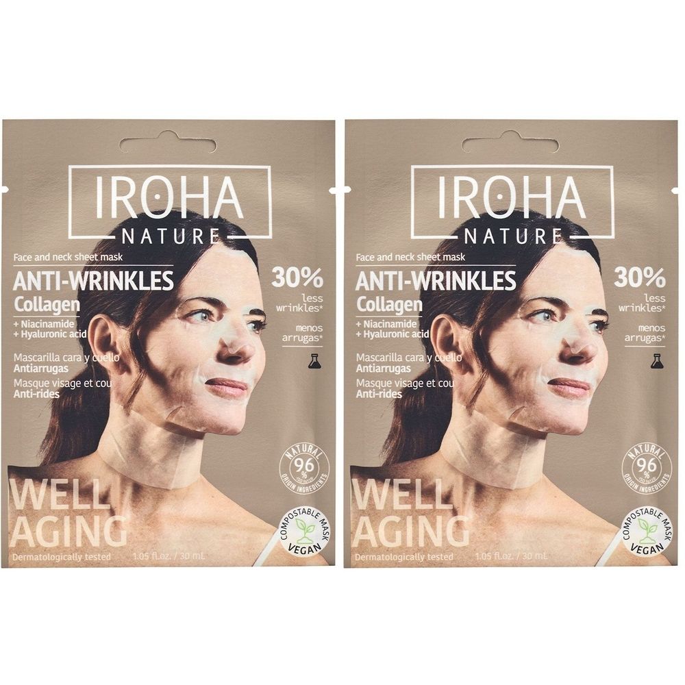 Deux sachets de masques faciaux. Inscription : IROHA NATURE, Anti-Wrinkles Collagen. Avec 30% de rides en moins. Vegan.