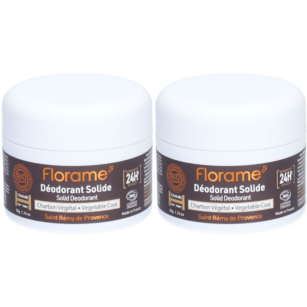 Deux pots blancs avec des étiquettes marron. Les étiquettes indiquent "Florame Déodorant Solide" et "Charbon Végétal".