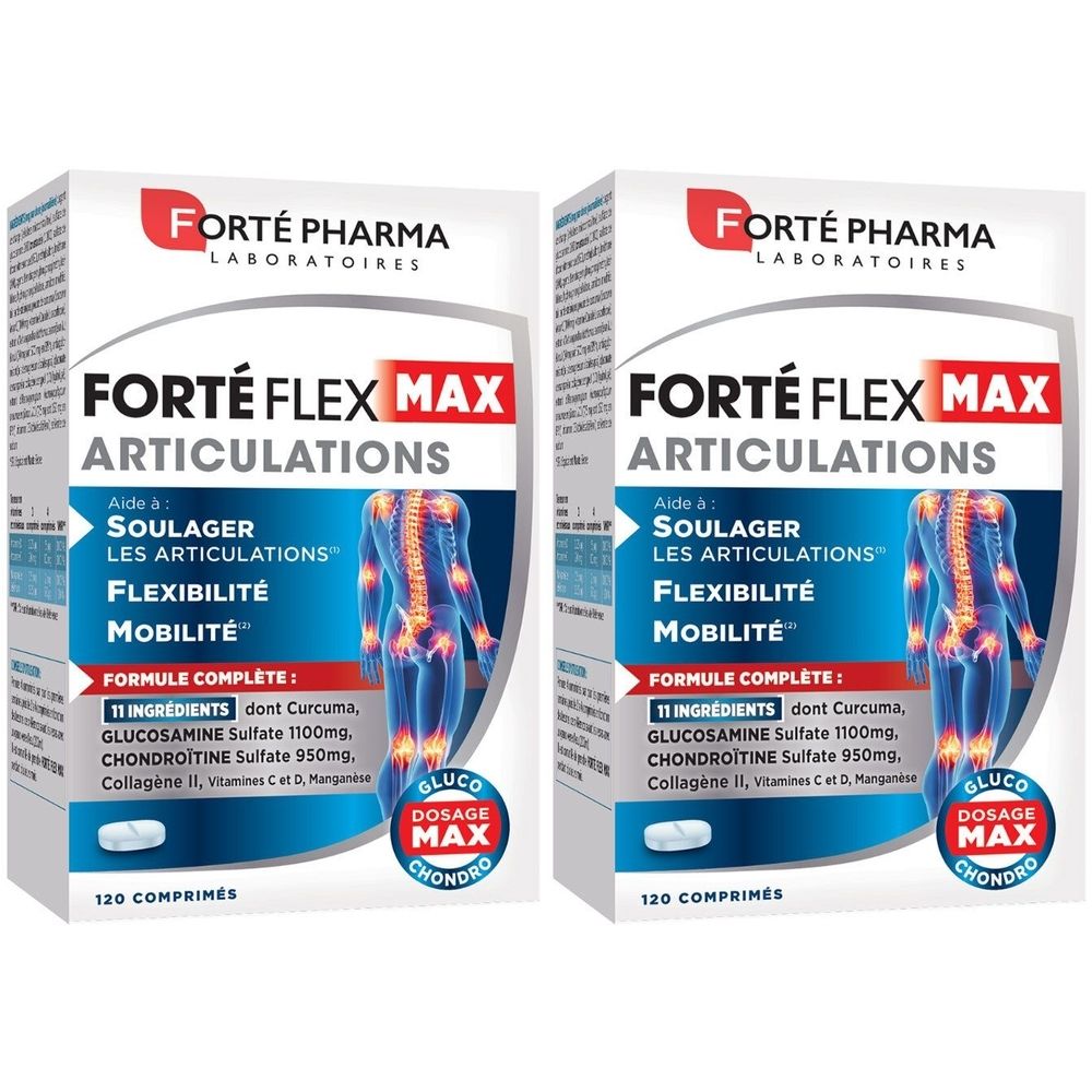 Zwei Packungen Forté Flex Max Articulations. Aufschrift: Flexibilität, Mobilität. Enthält 120 Tabletten.
