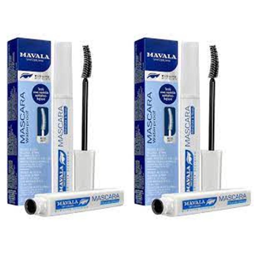 Deux boîtes de mascara Mavala. Emballage bleu avec tube de mascara blanc et brosse. Texte : Mascara Waterproof.