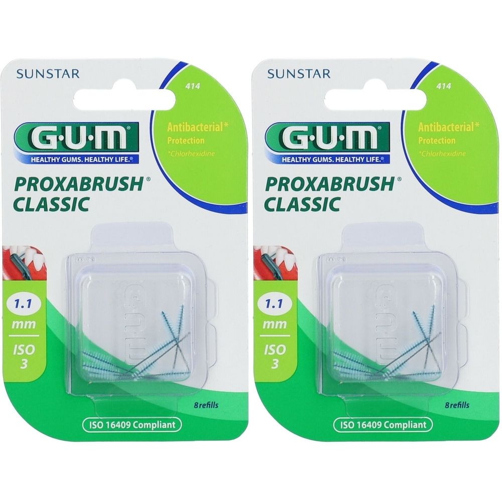 Deux paquets de GUM Proxabrush Classic. Chaque paquet contient des brossettes interdentaires de 1,1 mm. Conforme à la norme ISO 16409.