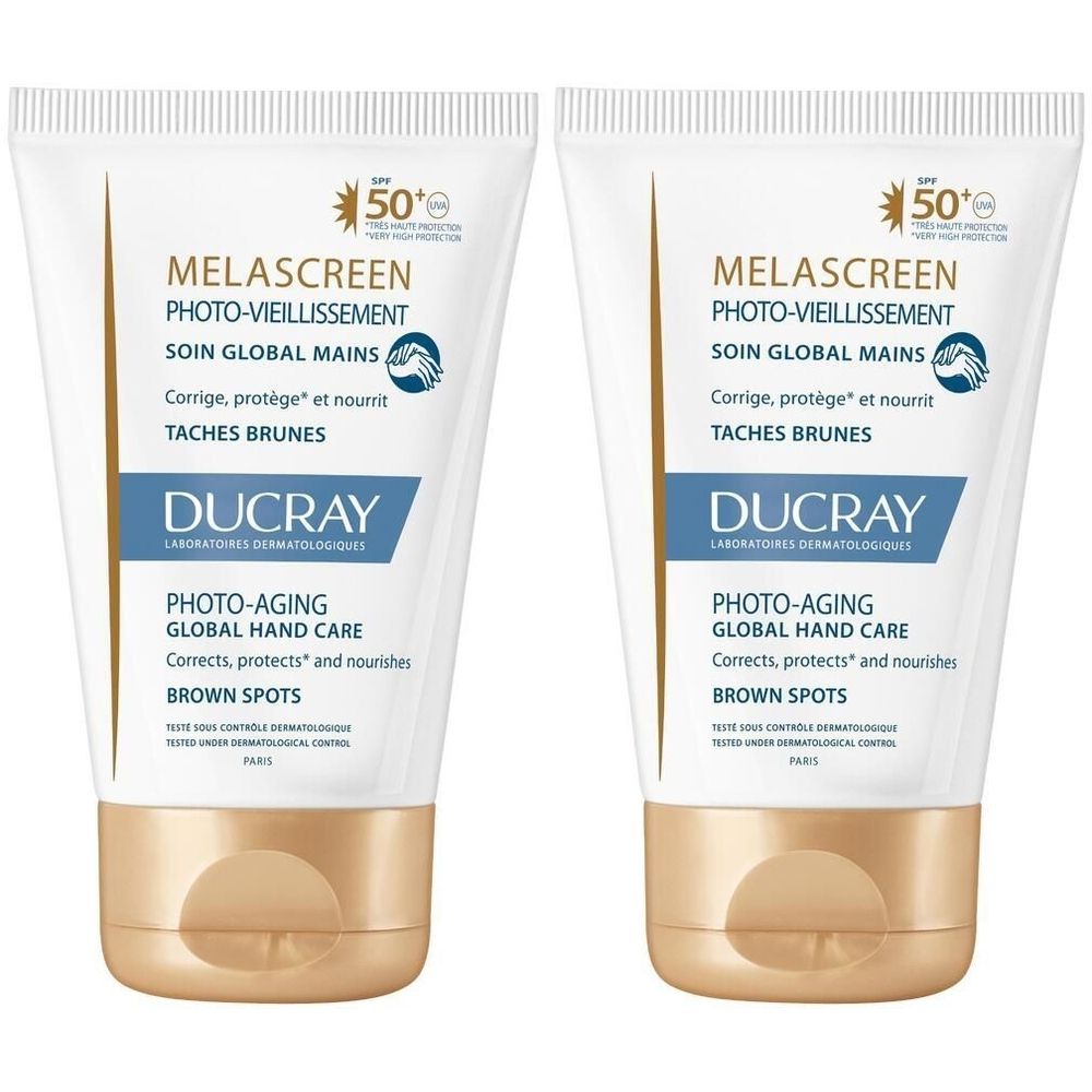 Zwei Tuben mit weißem Hintergrund. Aufschrift: MELASCREEN, PHOTO-VIEILLISSEMENT, SOIN GLOBAL MAINS, SPF 50+. Marke: DUCRAY.