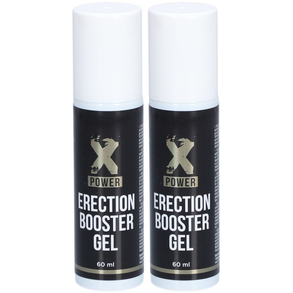 Zwei Flaschen mit weißem Deckel und schwarzem Etikett. Aufschrift: X Power Erection Booster Gel. Volumen: 60 ml.