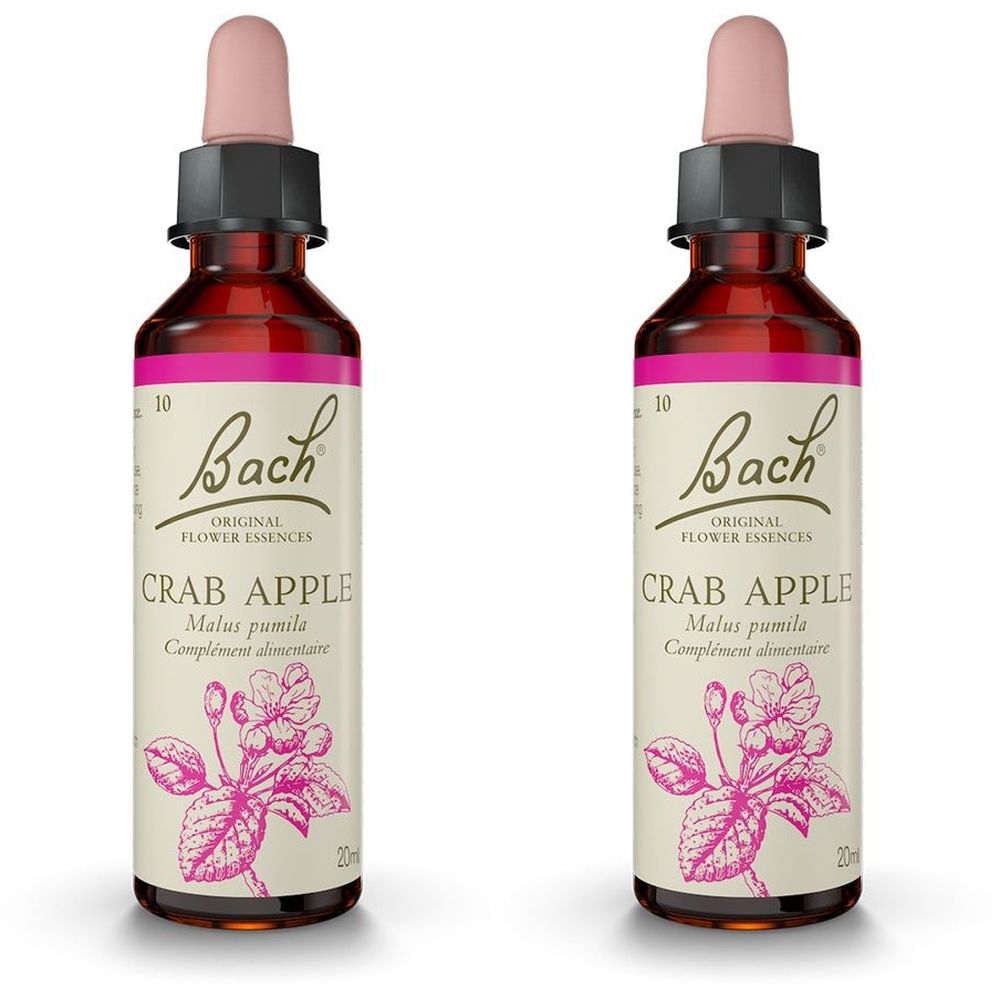 Zwei Flaschen mit rosa Etikett. Aufschrift: Bach Original Flower Essences Crab Apple. Mit Tropfer.