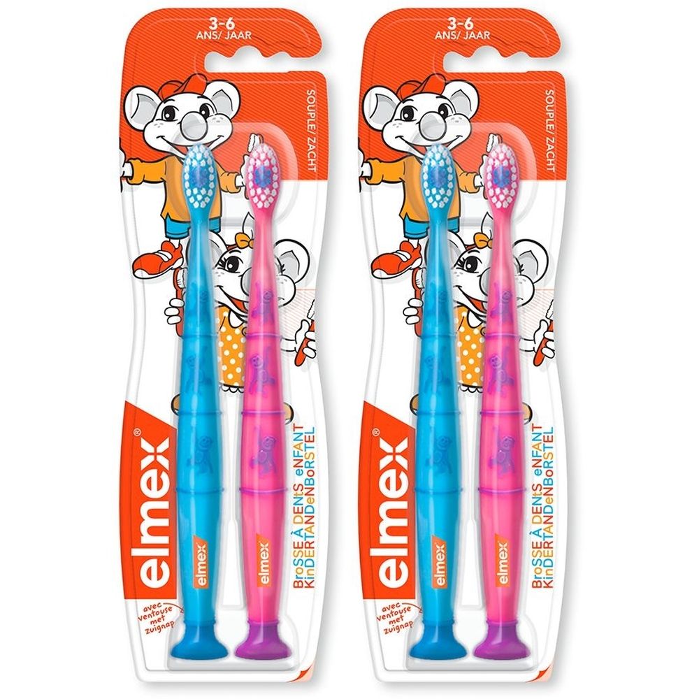 Deux brosses à dents enfant dans leur emballage. Bleue et rose. Marque: elmex. Pour enfants de 3-6 ans. Souple.