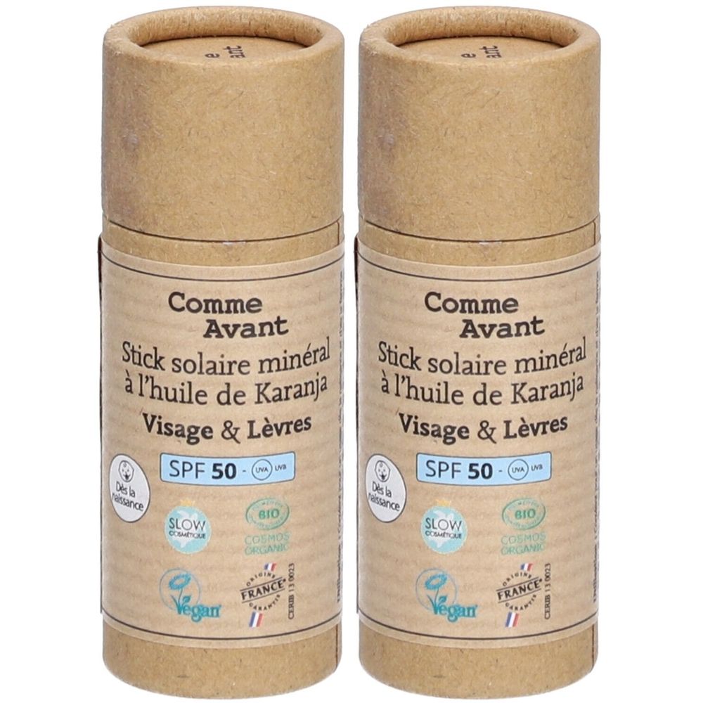Deux sticks solaires cylindriques. Inscription: Comme Avant, Stick solaire minéral, SPF 50. Certifications Vegan et Bio.