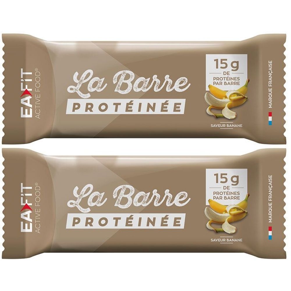 Deux barres protéinées emballées. Inscription: La Barre Protéinée, 15g protéines, goût banane. Marque EA-FIT. Marque Française.