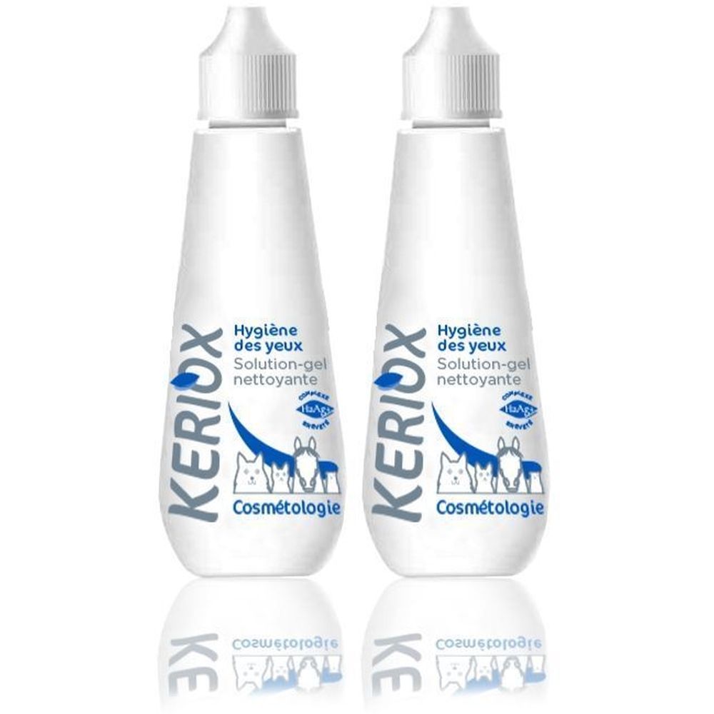 Deux flacons blancs avec bouchon compte-gouttes. Inscription: KERIOX, Hygiène des yeux, Solution-gel nettoyante, Cosmétologie.
