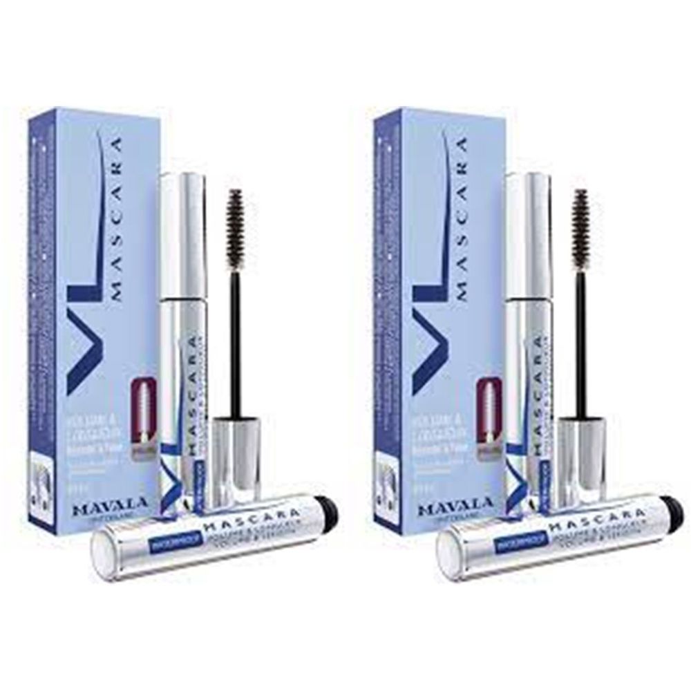 Deux ensembles de mascara Mavala. Chaque ensemble comprend un tube, une brosse et un emballage avec le nom de la marque.
