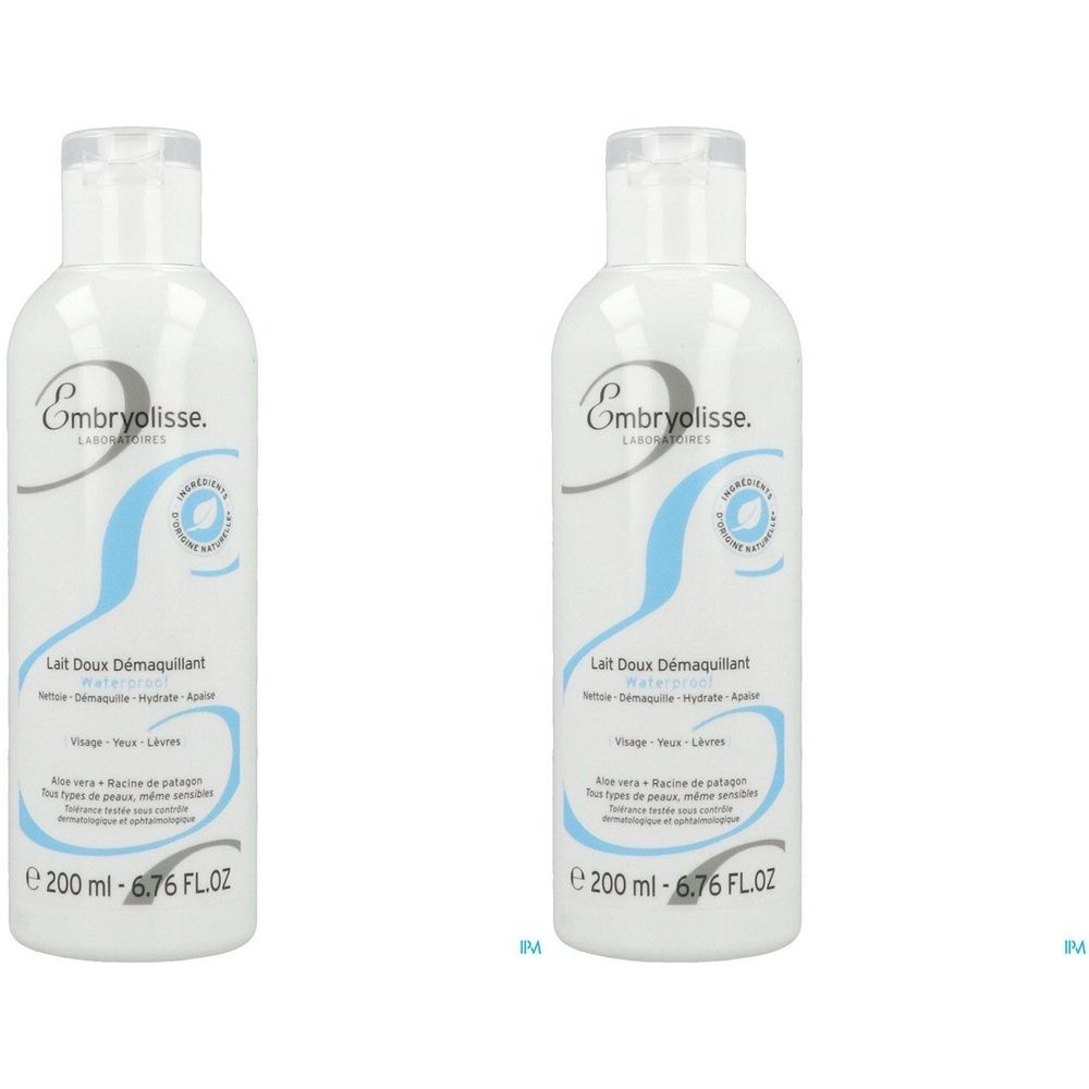 Deux flacons blancs avec design bleu et texte. Marque: Embryolisse, Lait Doux Démaquillant. Contenance: 200 ml.