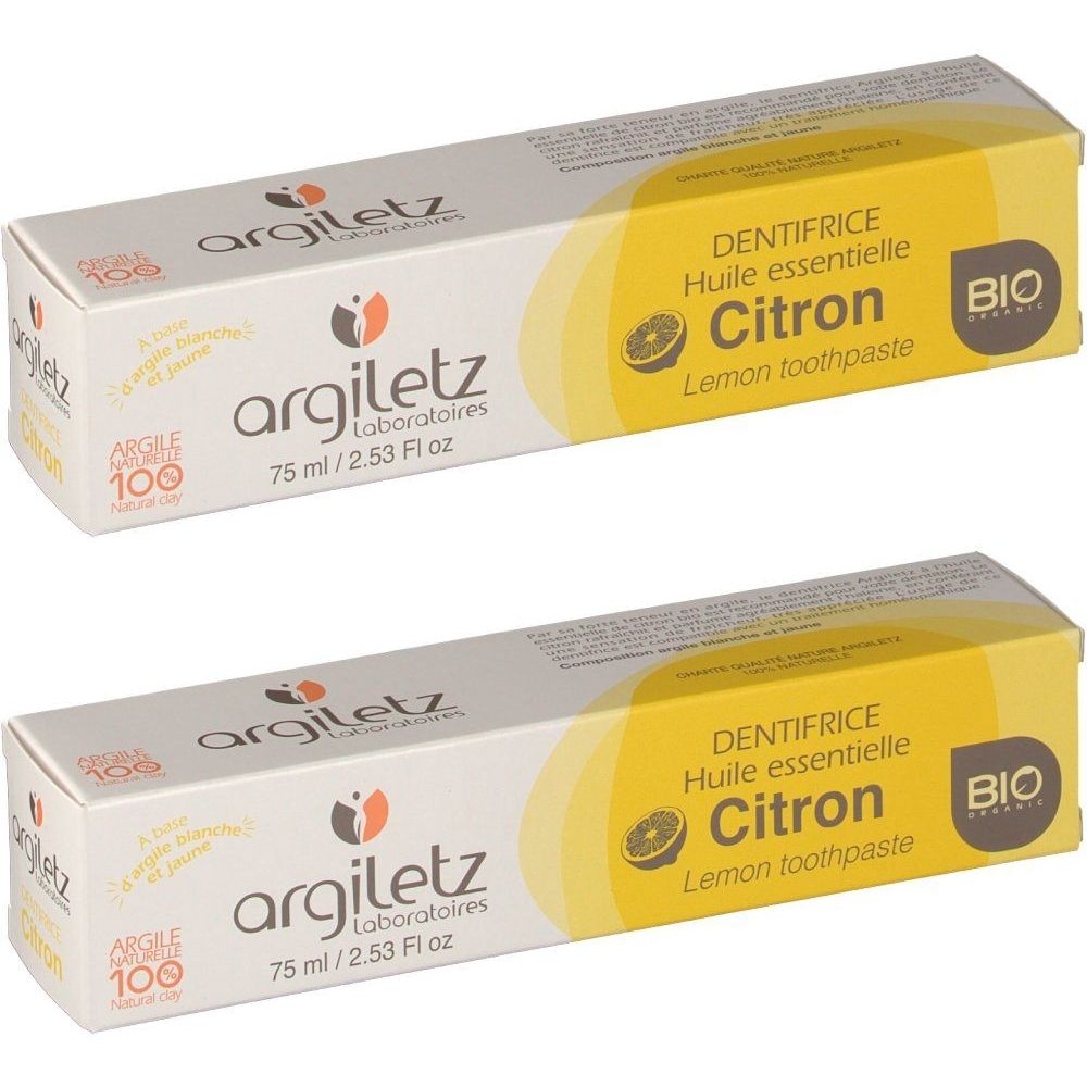 Deux boîtes de dentifrice Argiletz Citron. Inscription: Dentifrice, Huile essentielle Citron, BIO.