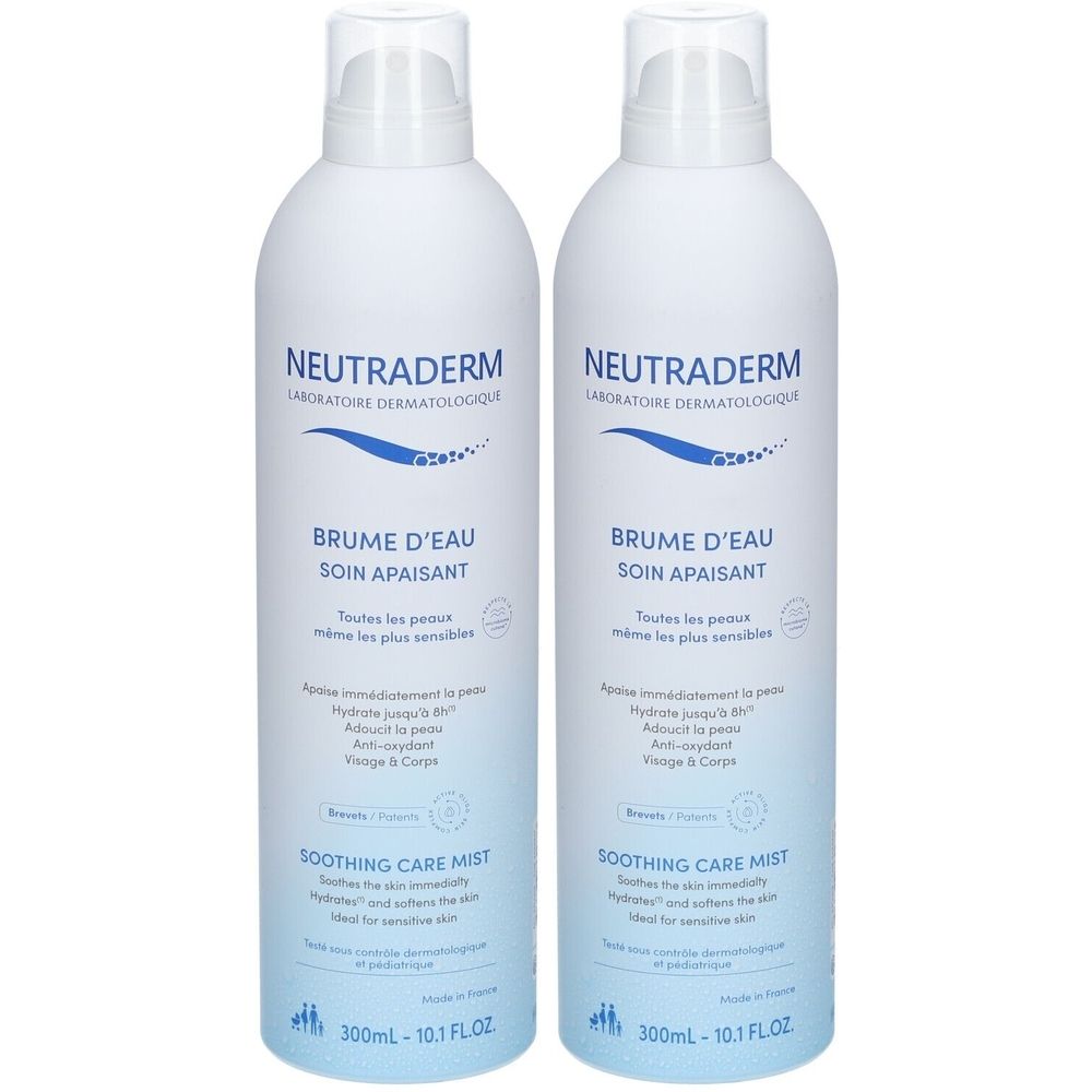 Deux flacons de brume blanche avec texte bleu. Inscription: NEUTRADERM, Brume d'eau Soin Apaisant, Soothing Care Mist. 300ml.