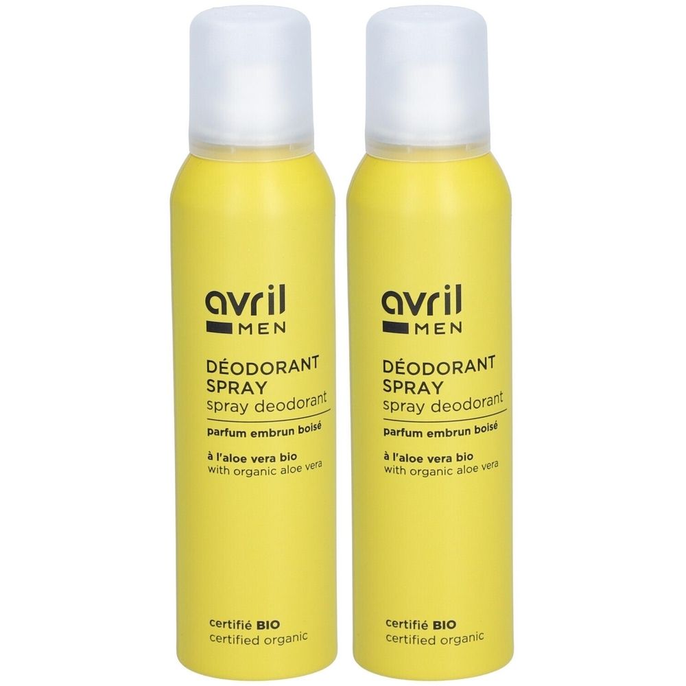 Deux sprays déodorants jaunes avec bouchons blancs. Inscription: Avril Men, DÉODORANT SPRAY, certifié BIO.