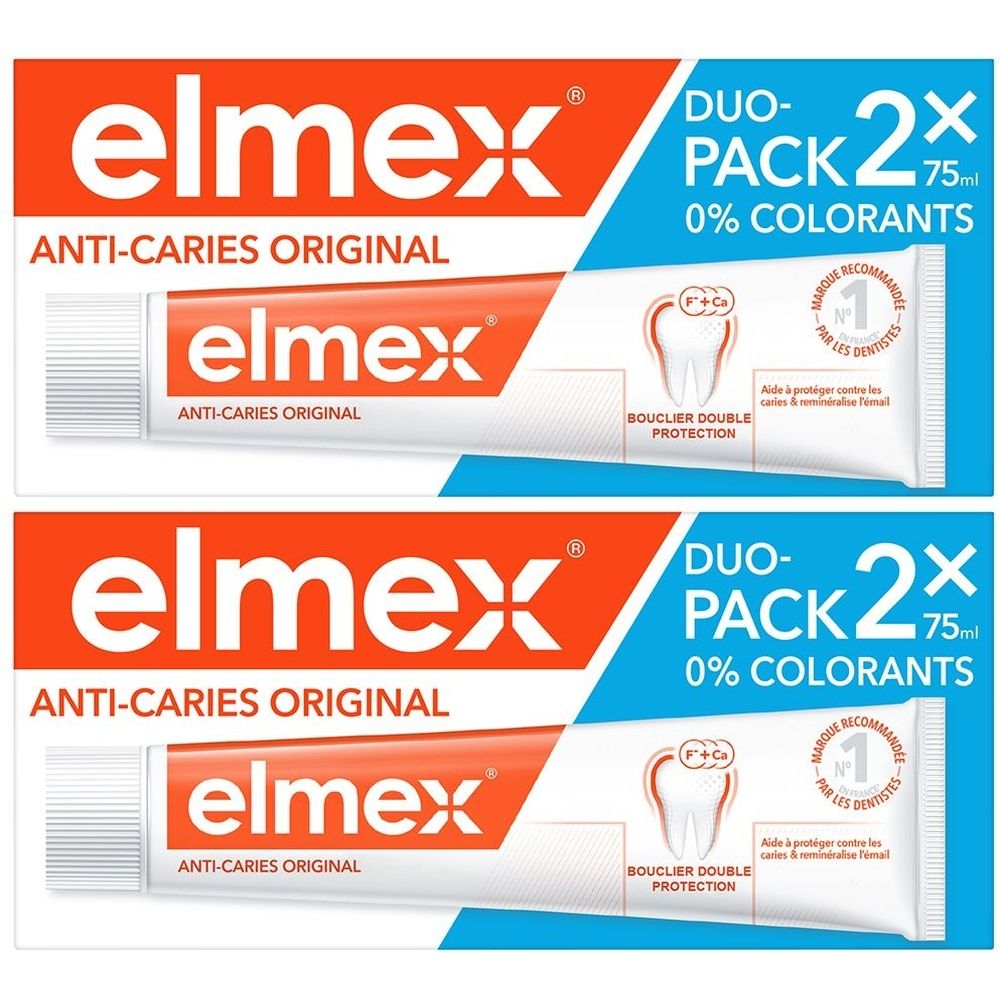 Zwei Tuben Zahnpasta in einer Duo-Packung. Orange-weiße Tuben mit Schriftzug. Blaue Verpackung mit Text und Logo.