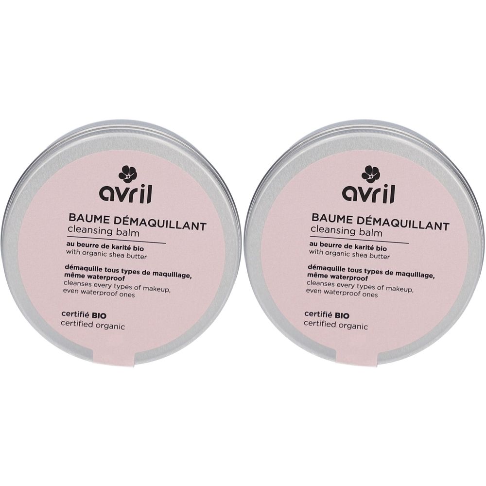Deux pots ronds avec couvercles roses. Inscription: avril, BAUME DÉMAQUILLANT, cleansing balm. Certifié BIO.