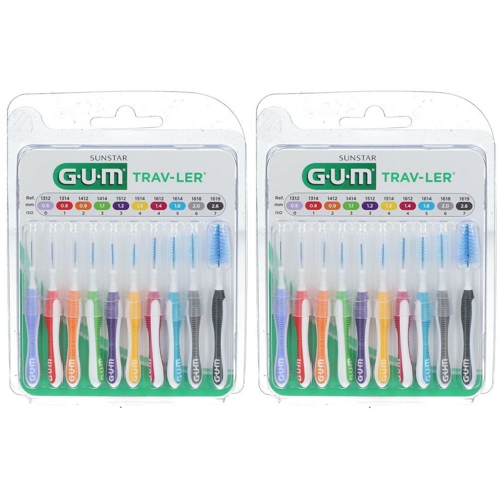 Zwei Blisterpackungen mit interdentalen Reisebürsten. Jede Packung enthält verschiedene farbige Bürsten mit unterschiedlichen Größen.