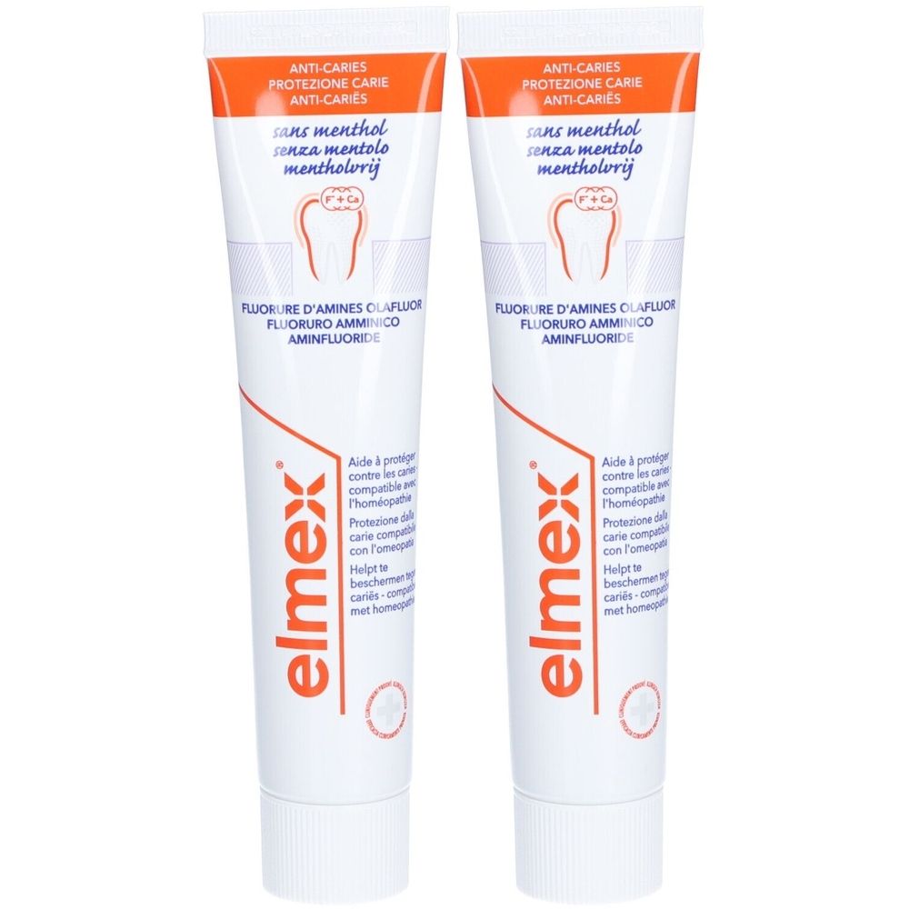 Deux tubes de dentifrice blancs avec des accents orange. Inscription: elmex, Anti-Caries, sans menthol.