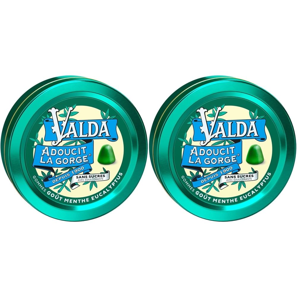 Zwei grüne runde Dosen mit dem Produktnamen VALDA. Aufschrift: Adoucit la Gorge, Sans Sucres, Menthe Eucalyptus.