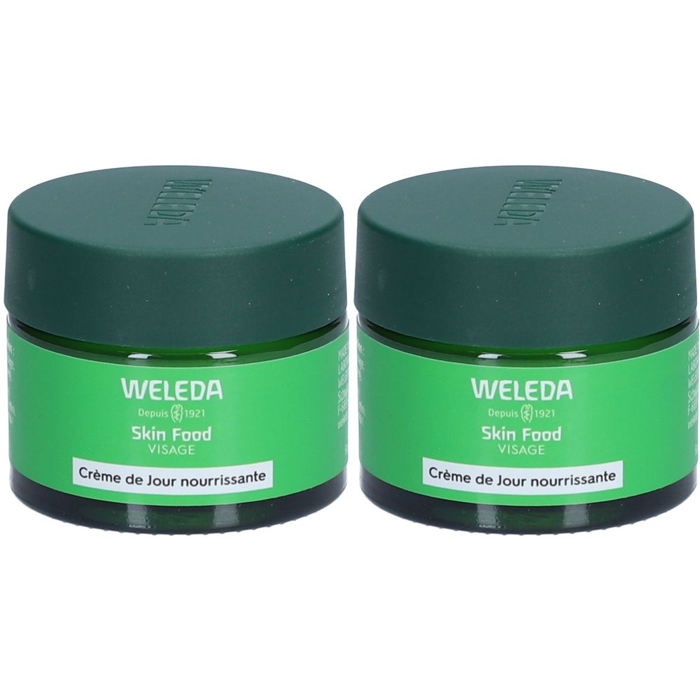 Deux pots verts avec couvercles. Les étiquettes indiquent "WELEDA Skin Food VISAGE Crème de Jour nourrissante".