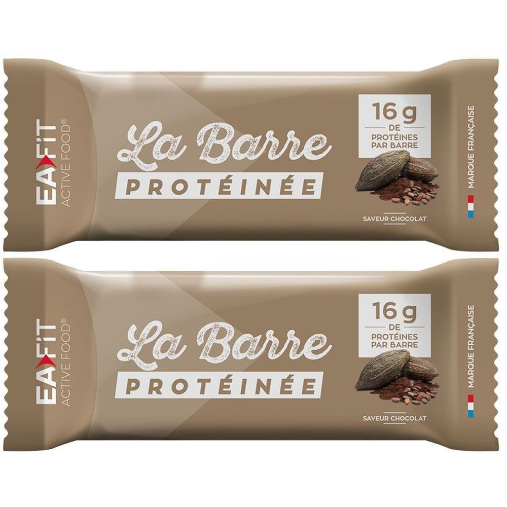 Deux barres protéinées emballées. Inscription: La Barre Protéinée, 16 g de protéines par barre, saveur chocolat. Marque française.