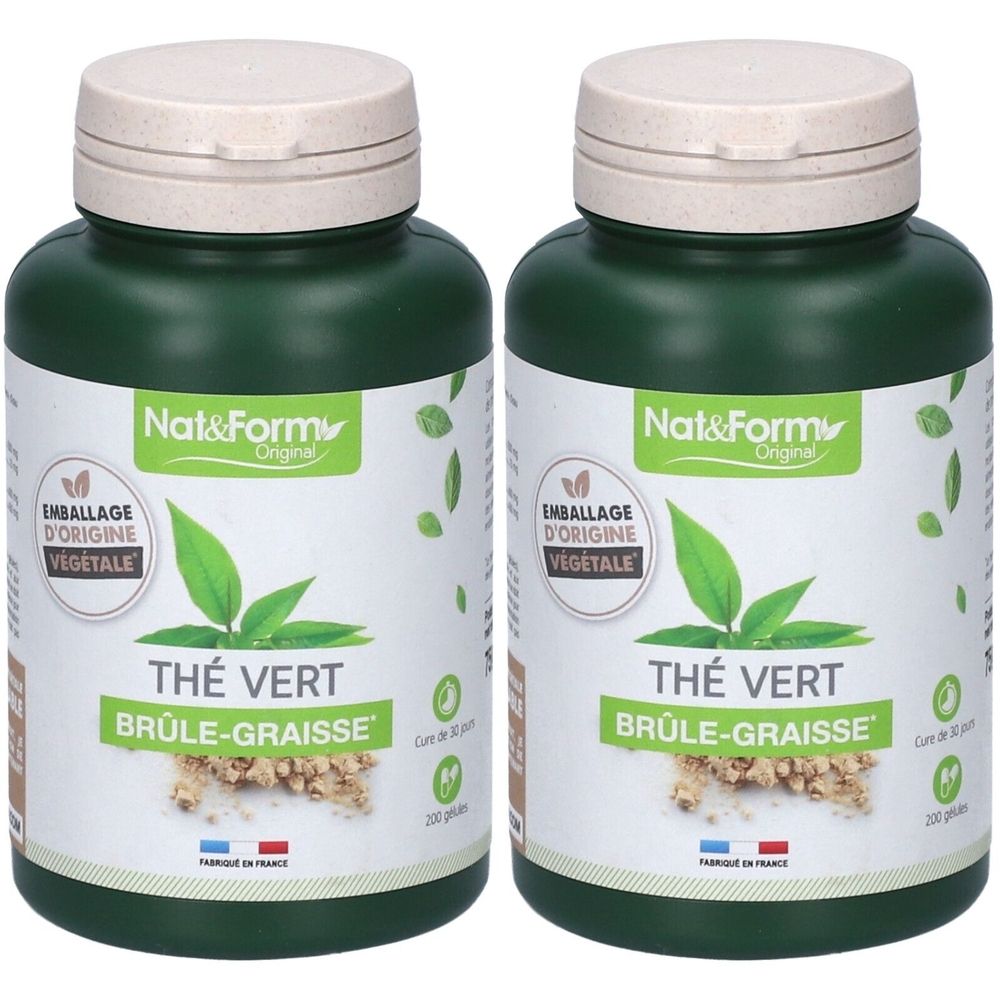 Deux flacons verts avec bouchons beiges. Étiquettes : Nat&Form, Thé Vert, Brûle-Graisse. Drapeau français.