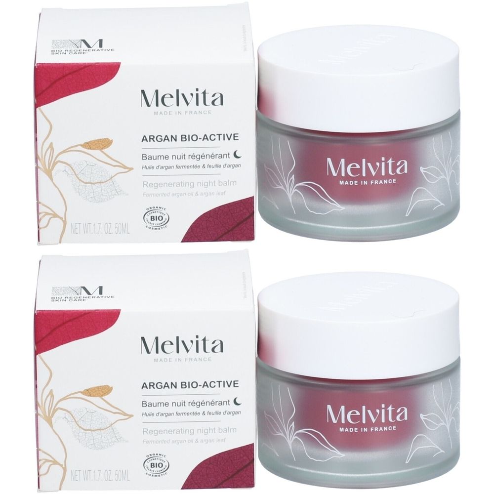Zwei Tiegel und zwei Kartons. Aufschrift: Melvita, Argan Bio-Active, Baume nuit régénérant. BIO-Siegel. Made in France.