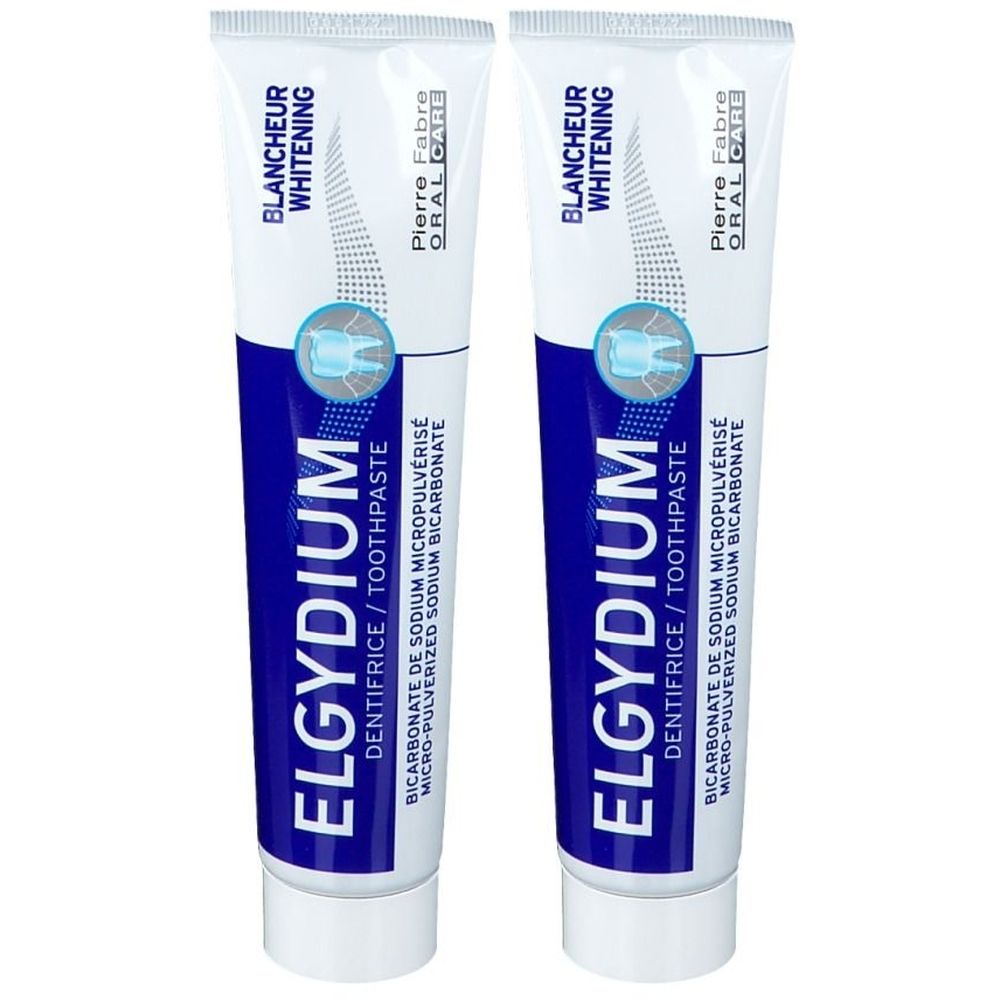Deux tubes de dentifrice. Emballage blanc et bleu avec le texte ELGYDIUM, BLANCHEUR WHITENING et Pierre Fabre ORAL CARE.