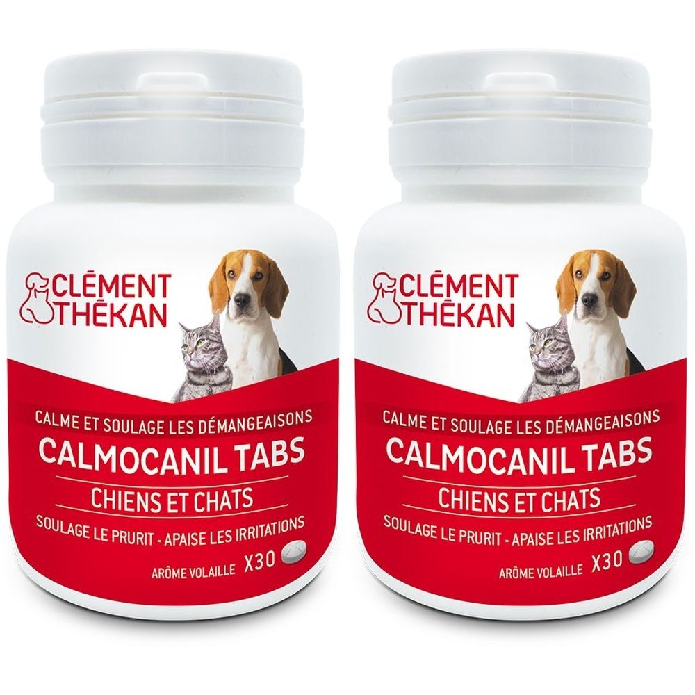 Deux flacons blancs avec étiquette rouge. Inscription: CALMOCANIL TABS, Clément Thékan. Illustration chien et chat.