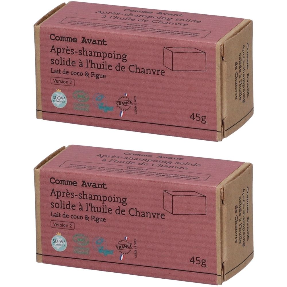 Zwei rechteckige Kartons mit Aufschrift: Comme Avant Après-shampoing solide à l'huile de Chanvre. 45g. Version 2. Lait de coco & Figue.