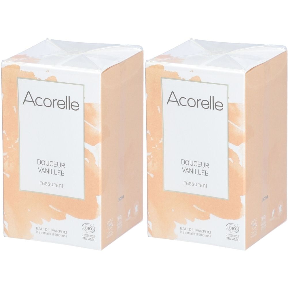 Deux boîtes carrées. Sur le devant, "Acorelle", puis "Douceur Vanillée". Certification bio. Emballage floral beige.