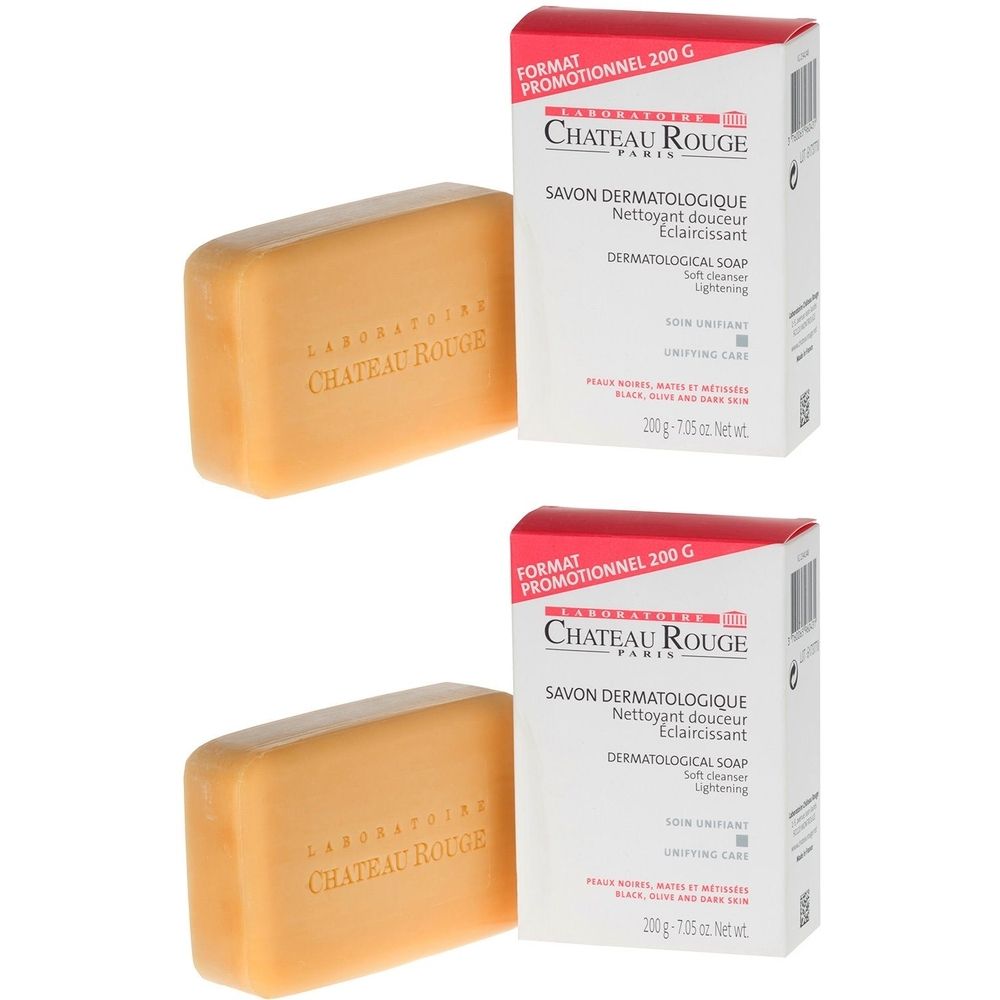 Zwei Seifenstücke und Verpackungen. Aufschrift: SAVON DERMATOLOGIQUE, CHATEAU ROUGE.  Weiß-rote Verpackung.