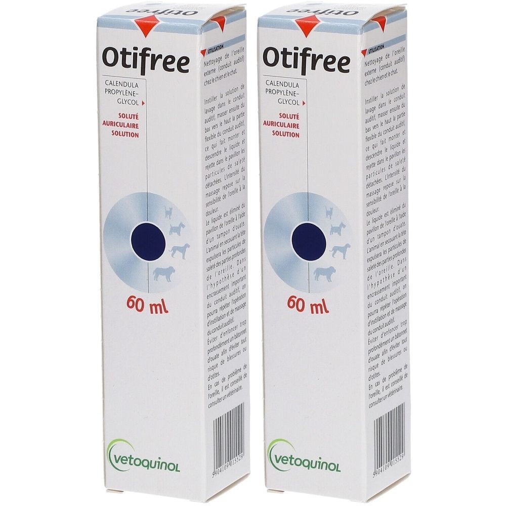 Zwei weiße Kartons mit der Aufschrift "Otifree". Aufschrift: Calendula, Propylene, Glycol, 60 ml. Logo: Vetoquinol.