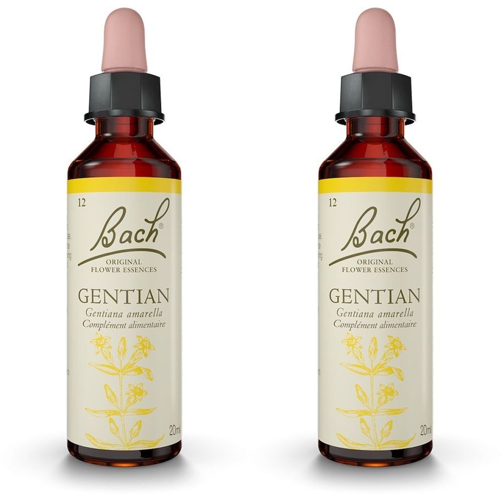 Deux flacons avec compte-gouttes. Inscription : Bach Original Flower Essences Gentian. Liquide jaune, flacons bruns, compte-gouttes roses.