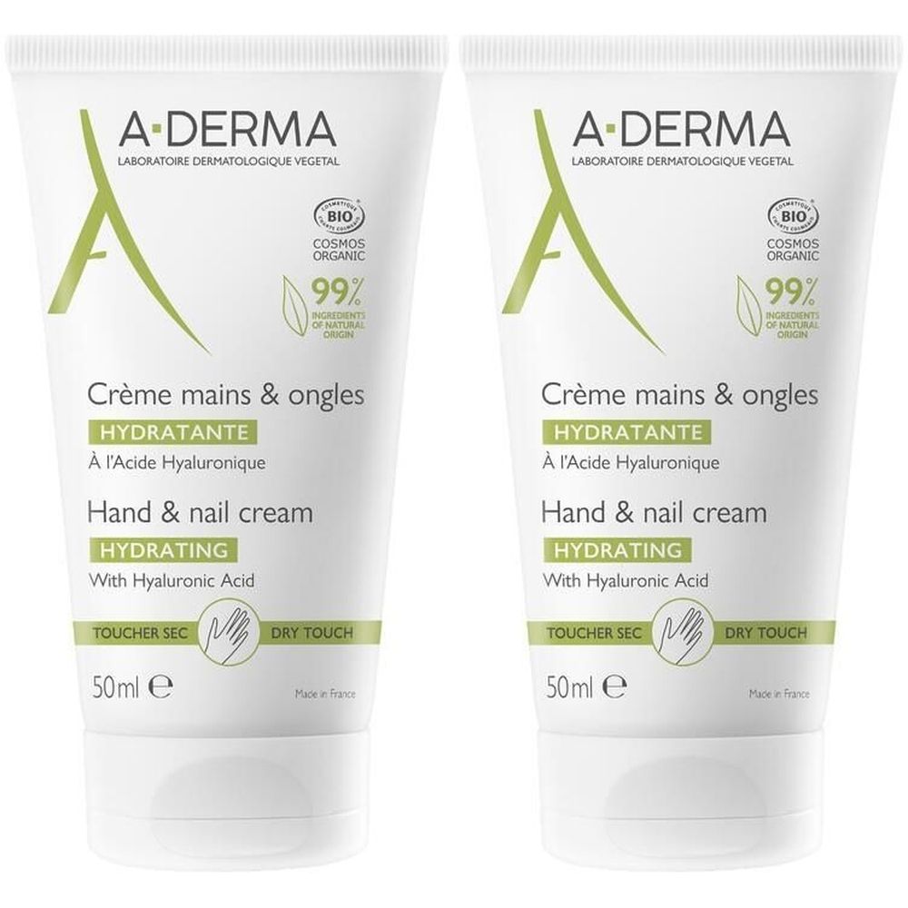 Zwei Tuben Hand- und Nagelcreme. Weiß, mit grüner Schrift und Logo. Enthält 99% Inhaltsstoffe natürlichen Ursprungs. 50ml.