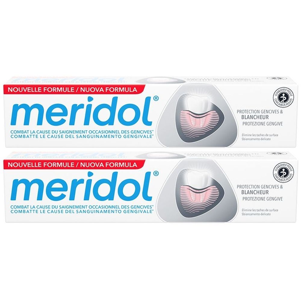 Zwei Tuben Zahnpasta. Aufschrift: meridol, Protection Gencives & Blancheur. Neue Formel. Schützt Zahnfleisch und sorgt für weißere Zähne.
