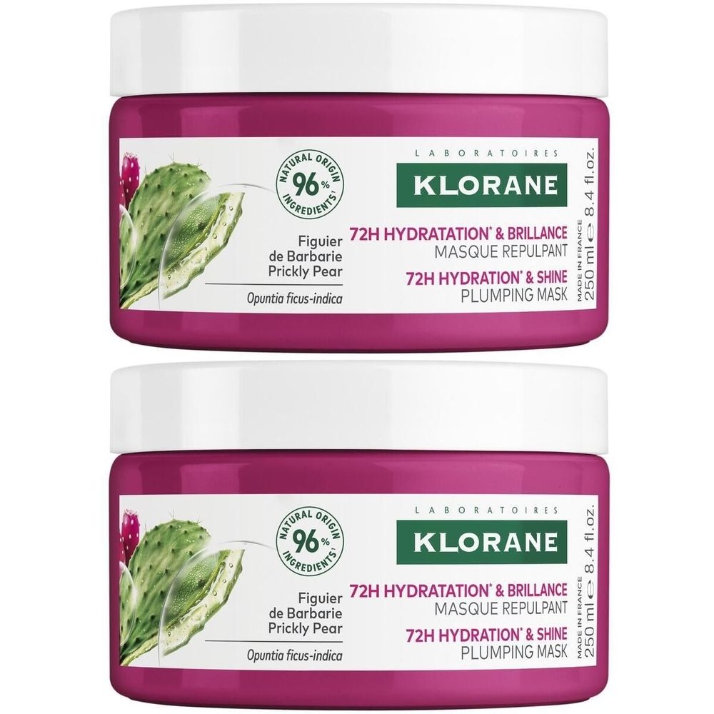 Deux pots de masque capillaire Klorane. Pots roses avec couvercles blancs. Inscription : 72H Hydratation & Brillance, 96% ingrédients naturels.