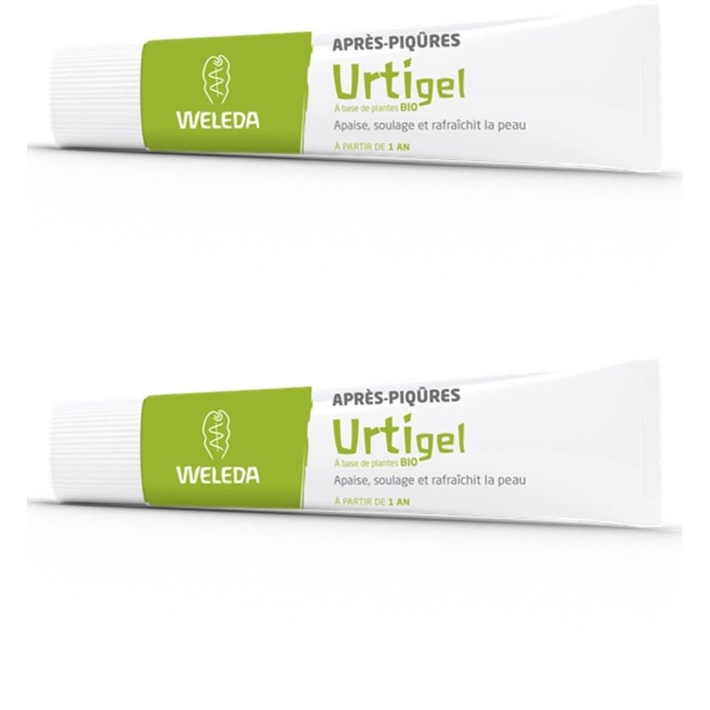Tube de Weleda Urtigel. Tube blanc avec bande verte. Inscription: Urtigel, Après-piqûres. Logo Weleda. Texte: Apaise, soulage et rafraichit la peau.