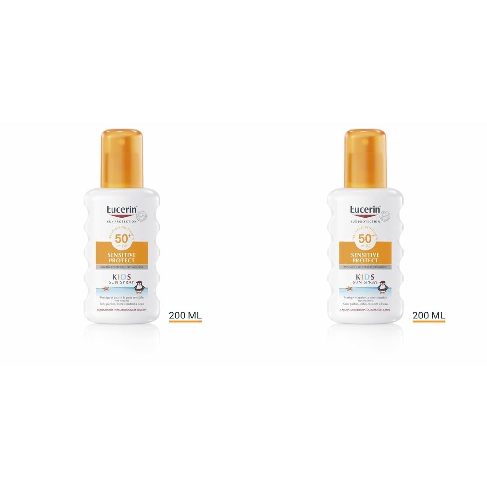 Deux flacons de spray blancs avec bouchon jaune. Inscription : Eucerin, 50, Sensitive Protect, Kids Sun Spray. Volume : 200 ml.